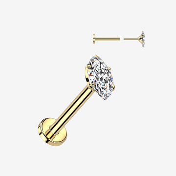 Implant Grade Titanium OneFit Threadless Golden Marquise Gem Sparkle Top Flat Back Labret-Clear Gem